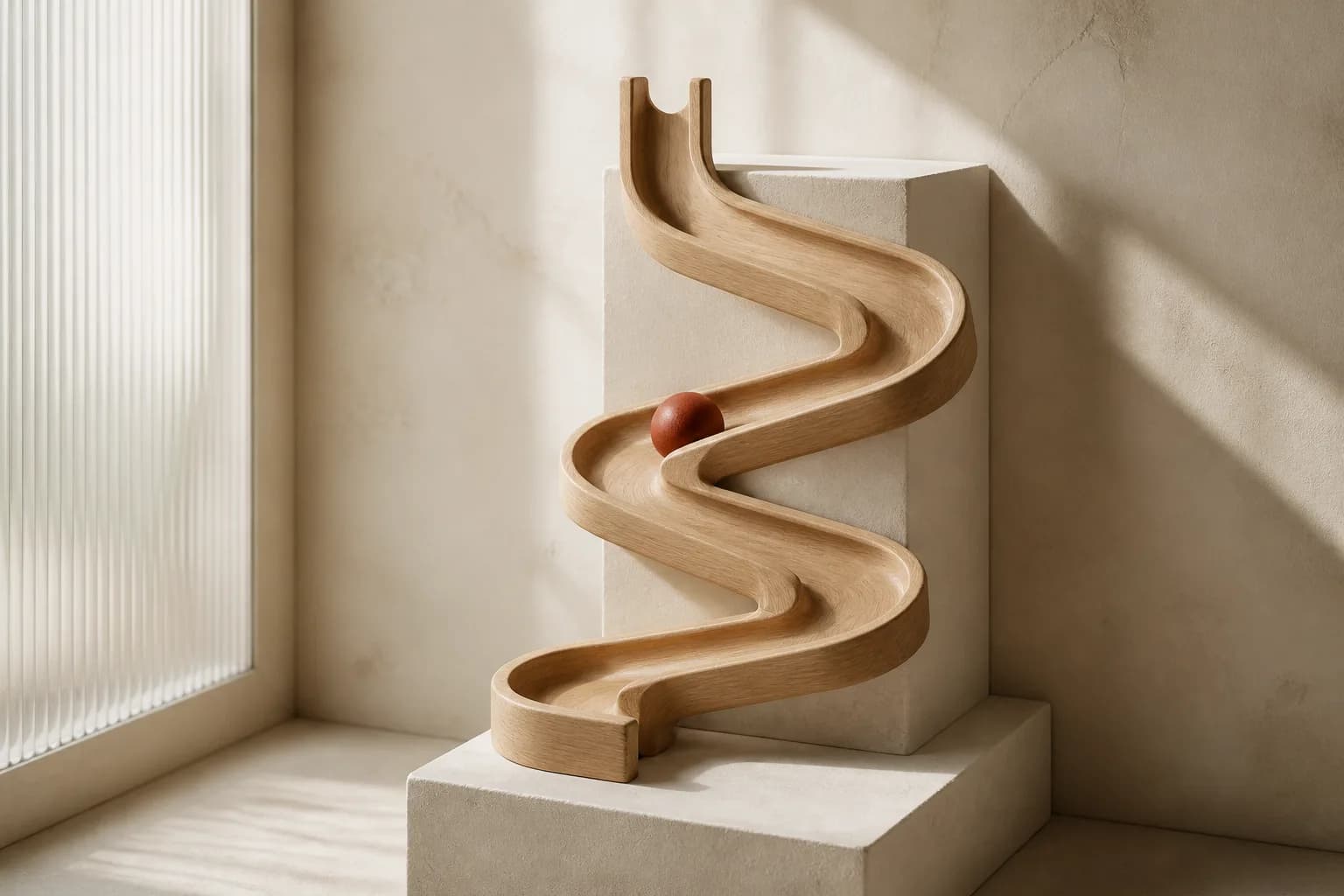 A winding pale oak marble run on a cream plinth with a terracotta sphere partway down the track.