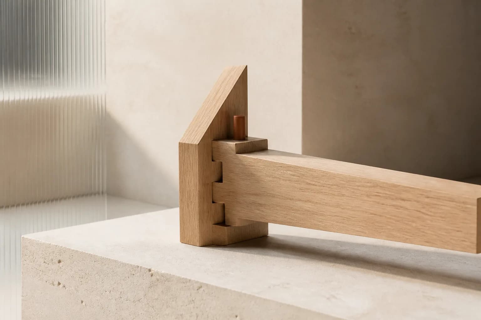 A precisely cut pale oak dovetail joint interlocking on a cream plinth, pinned with a single terracotta dowel.