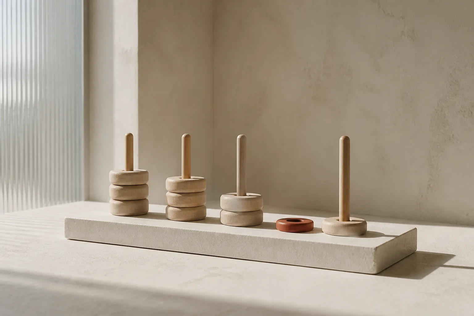 Stacked pale wooden rings on upright pegs along a cream plinth, with one terracotta ring mid-transfer.