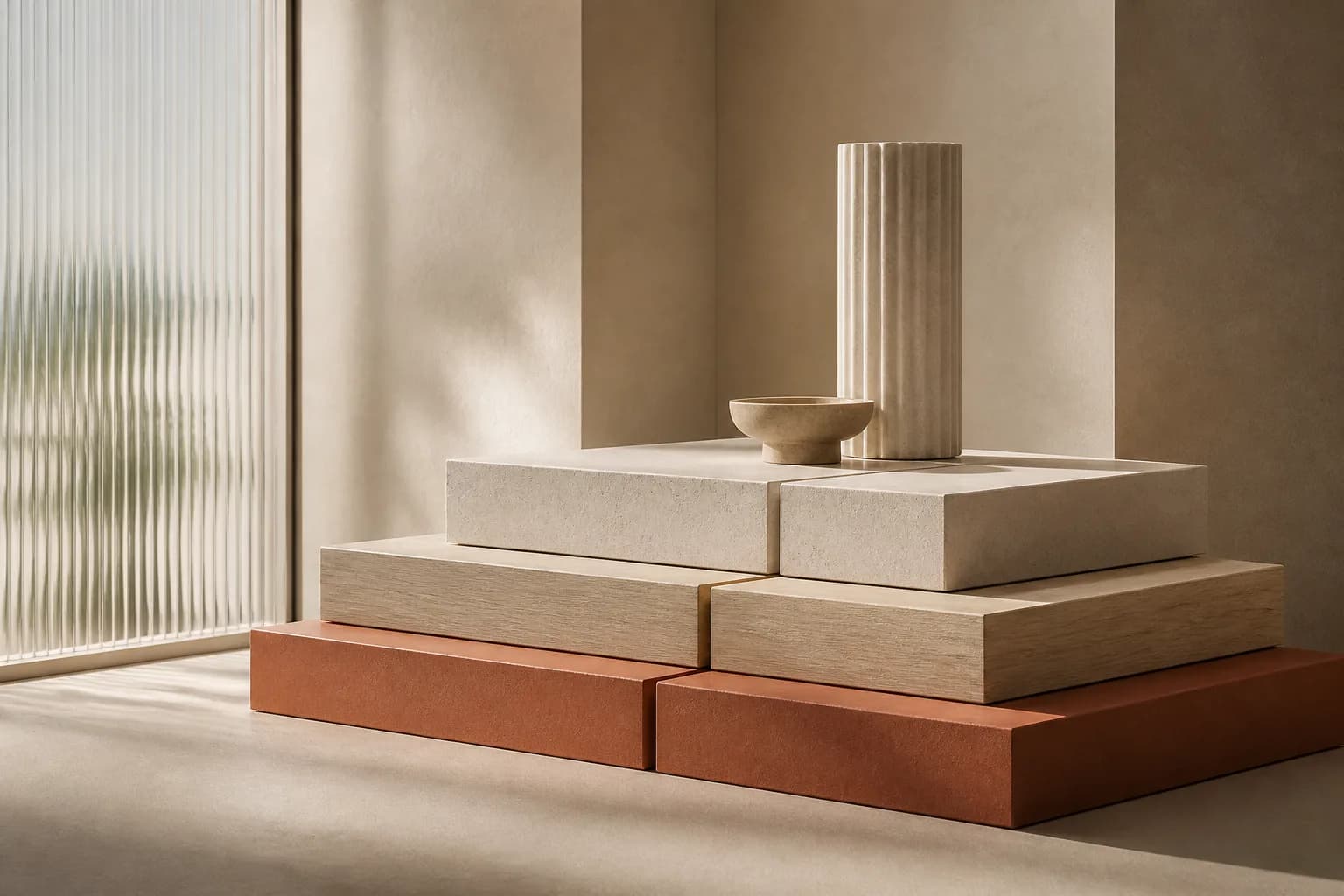 Stepped plinths of pale stone and oak stacked into a foundation, resting on a terracotta base layer.