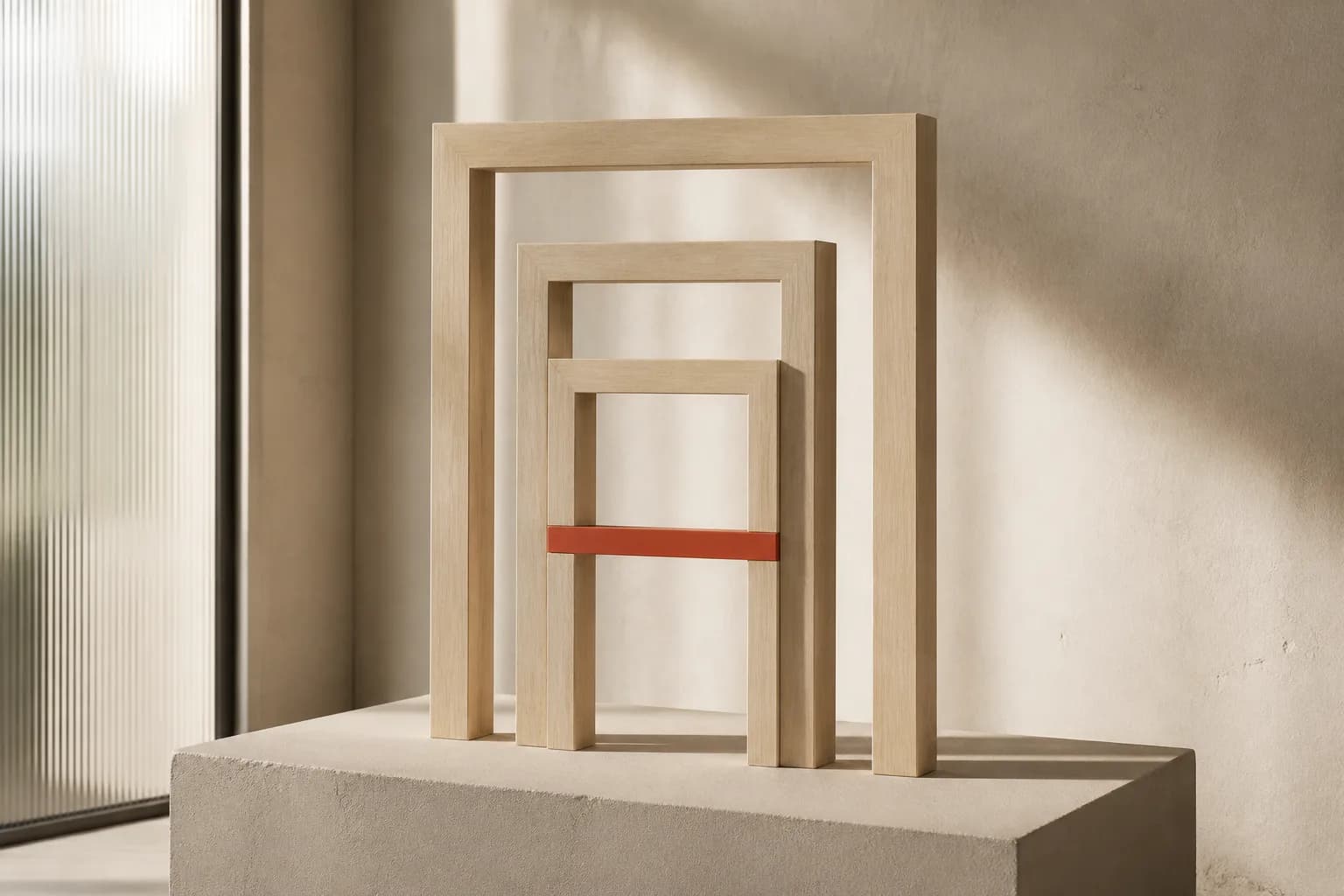 Three nested pale oak frames on a cream plinth with a single terracotta bar set across the middle frame.