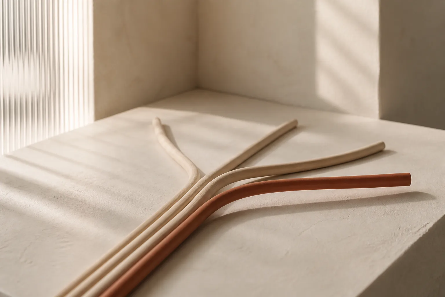 Slender pale oak rods branching into three routes on a cream plinth, with one terracotta rod on the chosen path.