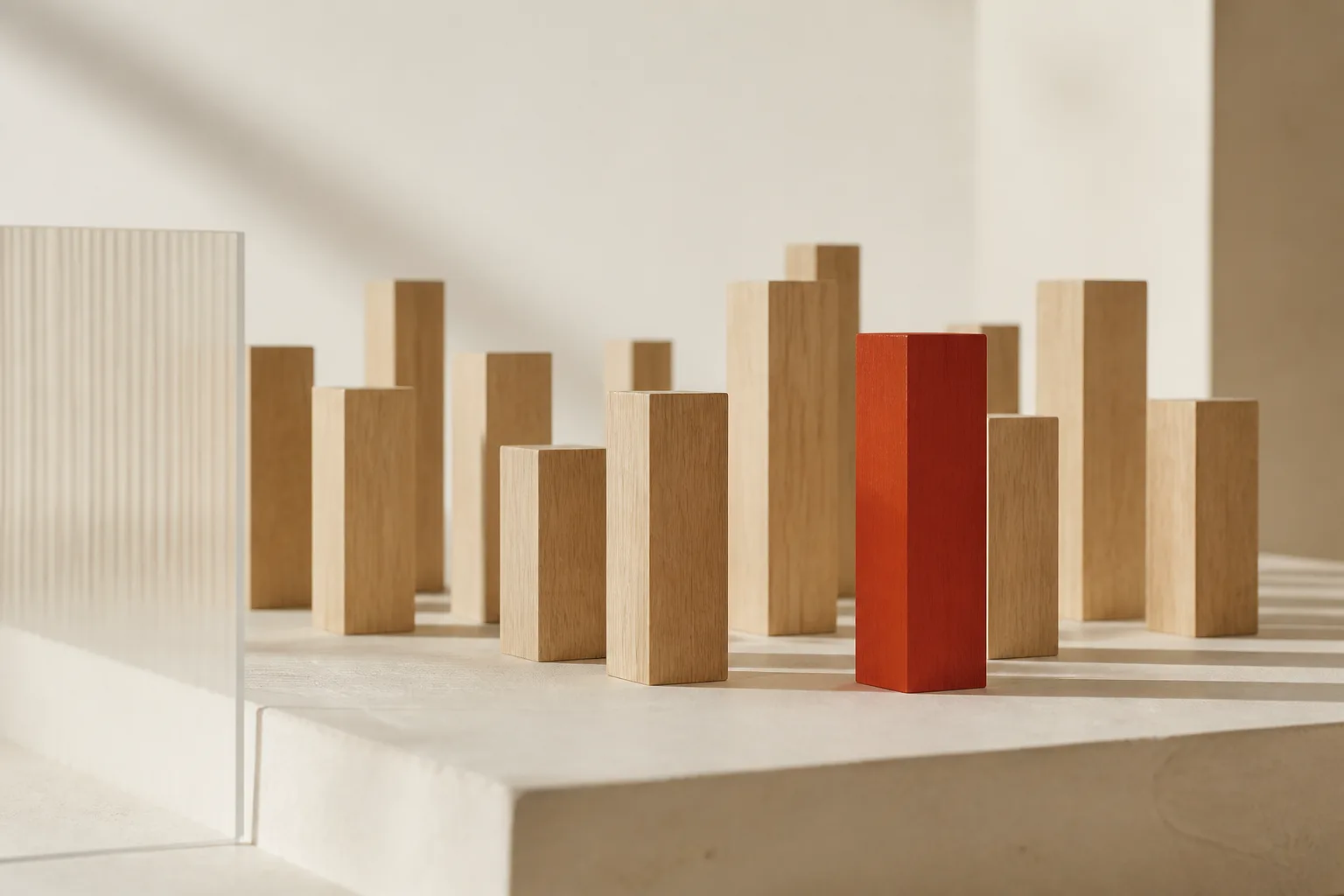 Pale wooden blocks of varying heights arranged like a model city, with a single terracotta block standing forward from the rest.
