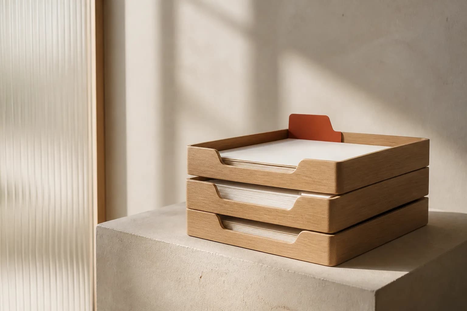 Stacked pale oak document trays on a cream plinth with one terracotta file tab standing proud of the rest.
