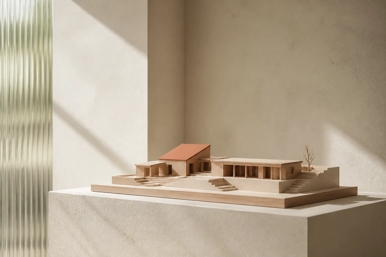 A pale oak architectural model on a cream plinth with a single terracotta roof plane among the neutral forms.