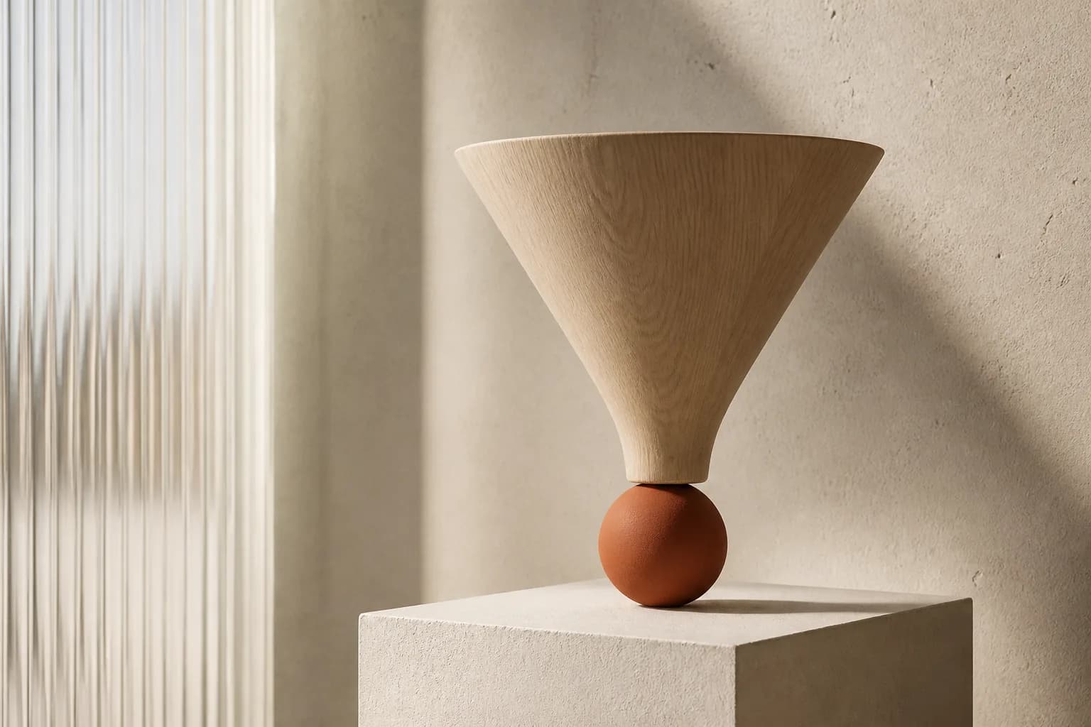 A tapering pale oak funnel form on a cream plinth with a terracotta sphere resting at the narrow end.